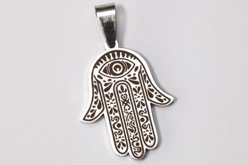 AMULETOS Y TALISMANES | COLGANTE ACERO MANO DE FATIMA CON OJO TURCO LABRADA