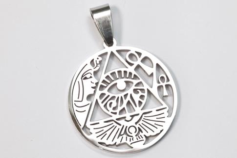 COLGANTES | COLGANTE ACERO OJO DE HORUS CON ISIS, FARAON Y ANKHS CON MARCO CIRCULAR, 2,5 cms �