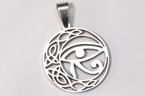 AMULETOS Y TALISMANES | COLGANTE ACERO OJO DE HORUS CON LUNA LABRADA EN MARCO CIRCULAR