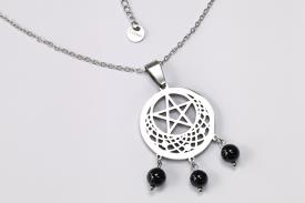 Novedades | COLGANTE ACERO PENTAGRAMA CON LUNA INVERTIDA Y 3 BOLITAS DE MINERAL (INCLUYE CADENA)