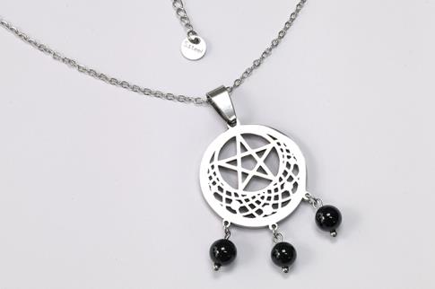 AMULETOS Y TALISMANES | COLGANTE ACERO PENTAGRAMA CON LUNA INVERTIDA Y 3 BOLITAS DE MINERAL (INCLUYE CADENA)