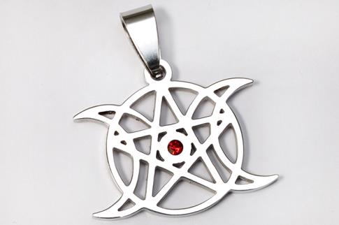AMULETOS Y TALISMANES | COLGANTE ACERO TRIPLE LUNA CON PENTAGRAMA Y BRILLANTE ROJO