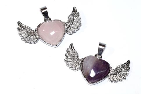 COLGANTES DE MINERALES | COLGANTE CORAZON CON ALAS ANGELICAS CUARZO ROSA 2,5 x 4 cms