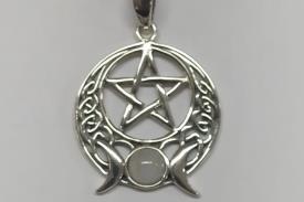 COLGANTES | COLGANTE DE PLATA PENTAGRAMA EN LUNA LABRADA CON TRIPLE LUNA CON PIEDRA LUNA