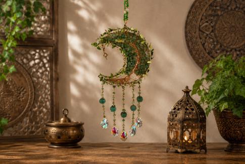 COMODIN | COLGANTE FENG LUNA HERBOREA CON ESTRELLAS, CANTOS RODADOS Y PRISMAS 44X14CM. (MINERALES SURTIDOS)