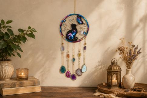 PRISMAS | COLGANTE FENG SHUI CON PLACA RESINA DISE�O GATO MIRANDO A MARIPOSA CON CHAPAS DE MINERAL  63X20CM.