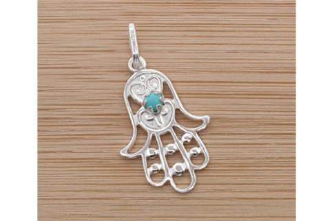JOYERIA | COLGANTE MANO DE FATIMA PLATA  C/TURQUESINA 2,5 CM.