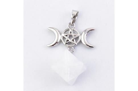 COMODIN | COLGANTE METAL TRIPLE LUNA CON MERKABA DE CUARZO BLANCO 38X26 MM.