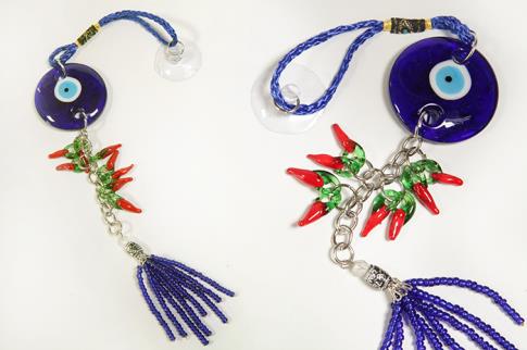 AMULETOS Y TALISMANES | COLGANTE PARA CASA / COCHE OJO TURCO CON PIMIENTOS DE LA FORTUNA 22X4CM