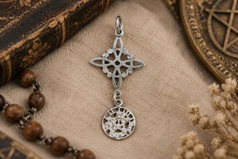COLGANTES | COLGANTE PLATA DOBLE PROTECCION 3,5CM NUDO CON LUNAS (NUDO DE BRUJAS 2CM CON TETRAGRAMATON 1CM)