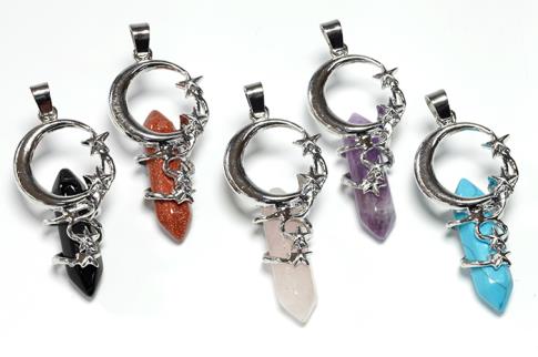 COLGANTES DE MINERALES | COLGANTE PUNTA BITERMINADA MINERAL CON DECORACION LUNA Y ESTRELLAS (MINERALES SURTIDOS) 4,5 X 2 CMS