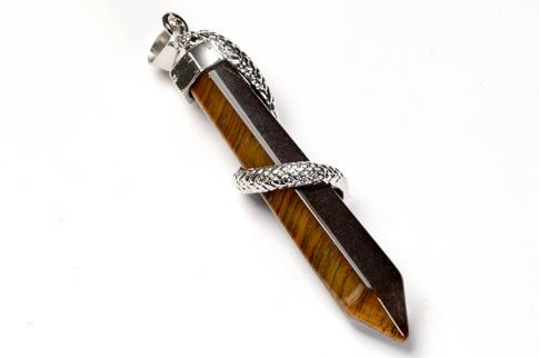 COLGANTES DE MINERALES | COLGANTE PUNTA OJO DE TIGRE CON ENGARCE SERPIENTE ENROSCADA 6X1CM