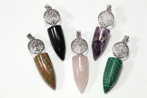COLGANTES DE MINERALES | COLGANTE PUNTA OVALADA MINERAL CON DIJE ARBOL DE LA VIDA (MINERALES SURTIDOS) 5 X 1,5 CMS