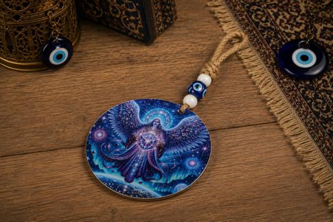 COMODIN | COLGANTE REDONDO ANGEL METATRON EN FONDO TONOS AZULADOS CON CUERDA DE ESPARTO 25 X 12 CM.