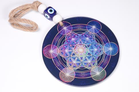 TALISMANES | COLGANTE REDONDO METATRON COLORES FRIOS CON CUERDA DE ESPARTO 26 X 12 CM.