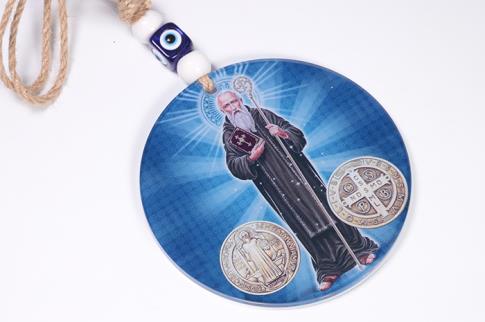 TALISMANES | COLGANTE REDONDO SAN BENITO CON CUERDA DE ESPARTO 26 X 12 CM.