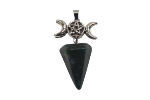 COLGANTES DE MINERALES | COLGANTE/PENDULO ACERO TRIPLE LUNA CON PENDULO DE CUARZO VERDE 5 X 2 CMS
