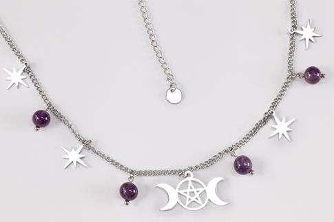 AMULETOS Y TALISMANES | COLLAR CON CADENA GARGANTILLA ACERO TRIPLE LUNA CON AMATISTA