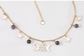 TALISMANES | COLLAR GARGANTILLA ACERO DORADO TRIPLE LUNA CON AMATISTA