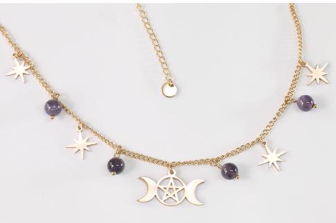 COMODIN | COLLAR GARGANTILLA ACERO DORADO TRIPLE LUNA CON AMATISTA