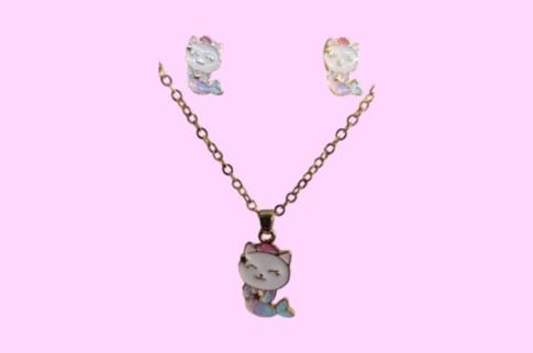JOYERIA | CONJUNTO KAWAII COLGANTE CON CADENA Y PENDIENTES GATITO SIRENA
