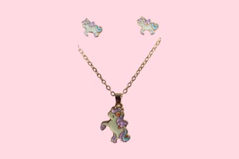 JOYERIA | CONJUNTO KAWAII COLGANTE CON CADENA Y PENDIENTES UNICORNIO SALTARIN