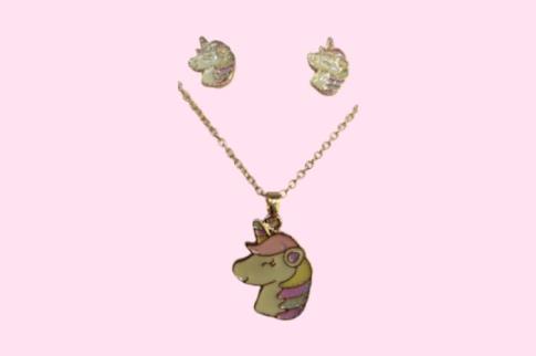 JOYERIA | CONJUNTO KAWAII COLGANTE CON CADENA Y PENDIENTES UNICORNIO SONRIENTE
