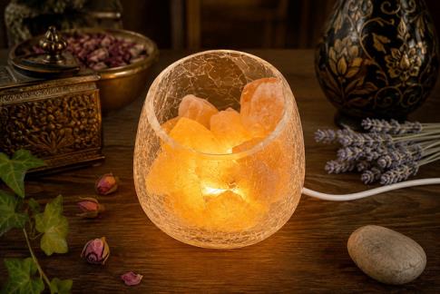 LAMPARAS DE SAL Y OTROS MINERALES | CUENCO CRISTAL CON LUZ Y ROCAS DE SAL PARA AROMATIZAR 13X10CM.
