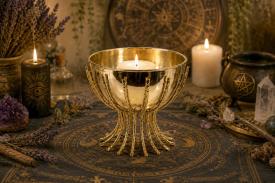 CANDELABROS Y PORTAVELAS | CUENCO PARA REALIZAR RITUALES CON BASE EN FORMA DE HILOS COLOR DORADO 20 X 16 CM.