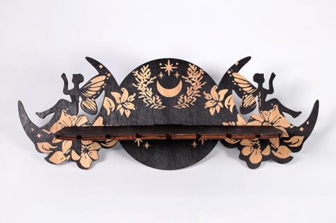 PENDULOS Y VARILLAS RADIESTESIA | ESTANTE DE PARED DE MADERA PARA ALTAR Y PENDULO FORMA TRIPLE LUNA 33x12,5x0,5CM