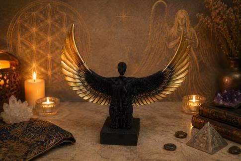 COMODIN | FIGURA ANGEL BRILLANTE EXCLUSIVO ARRODILLADO COLOR NEGRO Y DORADO 29,5 X 33 CM.