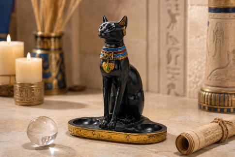 HADAS, BRUJAS Y FANTAS�A | FIGURA BASTET COLOR NEGRO BASE ESPECIAL PARA 2 BOLAS DE CRISTAL O MINERAL 18 X 16 CM.