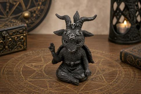 COMODIN | FIGURA BELCEBU BEBE CON PENTAGRAMA Y LUNAS GRABADAS EN LA FRENTE COLOR NEGRO 11 X 7,5 CM.