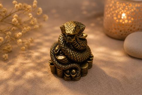FIGURAS FENG SHUI | FIGURA BRONCE SERPIENTE ENROSCADA SOBRE LINGOTES DORADOS 4,5 X 3,5 CM.