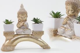 BUDAS Y GANESHAS | FIGURA BUDA NI�O SOBRE PUENTE CON DOS PLANTITAS COLOR BLANCO Y DORADO 26,5X25CM