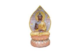 FIGURAS DIOSES, BUDAS Y MONJES | FIGURA BUDA SENTADO CON PARED TRASERA RESINA 14X11X22''5 CM.