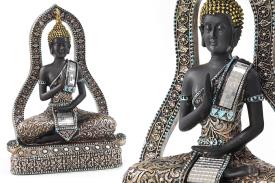 FIGURAS DIOSES, BUDAS Y MONJES | FIGURA BUDA SENTADO EN ALTAR CON TRAJE MULTICOLOR 26X17CM