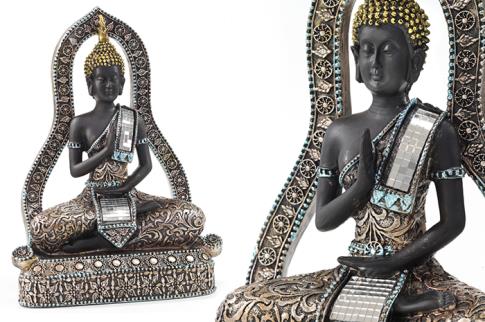FIGURAS DIOSES, BUDAS Y MONJES | FIGURA BUDA SENTADO EN ALTAR CON TRAJE MULTICOLOR 26X17CM