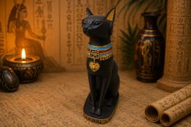 EGIPTO | FIGURA DIOSA BASTET COLOR NEGRO CON COLLAR EN VIVOS COLORES Y PENDIENTE DORADO 30,5 X 16 CM.