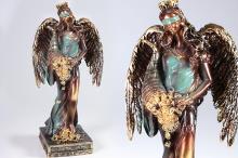 FIGURA DIOSA FORTUNA ALADA COLOR COBRIZO Y AZUL 19 CM RESINA