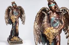 FIGURA DIOSA FORTUNA ALADA COLOR COBRIZO Y AZUL 28 CM RESINA