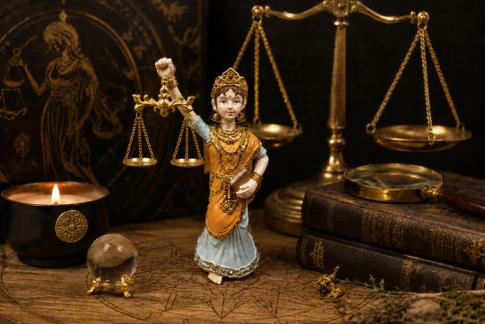 DIOSAS | FIGURA DIOSA JUSTICIA NI�A CON TUNICA COLOR ANARANJADO 19 X 7 CM.