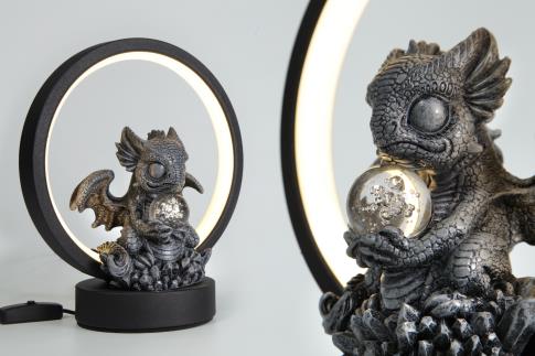 DRAGONES | FIGURA DRAGONCITO EN CIRCULO CON LUZ CALIDA LED IMITACION PIEDRA CON BOLA DE CRISTAL   21X18CM