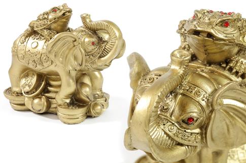 FIGURAS VARIAS | FIGURA ELEFANTE CON RANA DE LA SUERTE, LINGOTES Y MONEDAS DEL I CHING RESINA 14X13CM