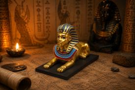 EGIPTO | FIGURA ESFINGE EGIPCIA EN VIVOS COLORES SOBRE PEDESTAL COLOR NEGRO 7,5 X 11,5 CM.