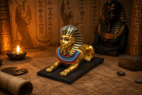 EGIPTO | FIGURA ESFINGE EGIPCIA EN VIVOS COLORES SOBRE PEDESTAL COLOR NEGRO 7,5 X 11,5 CM.