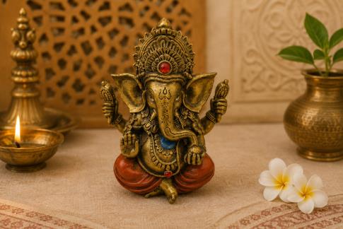 BUDAS Y GANESHAS | FIGURA GANESHA COLOR DORADO Y ROPA NARANJA 12 X 10 CM.