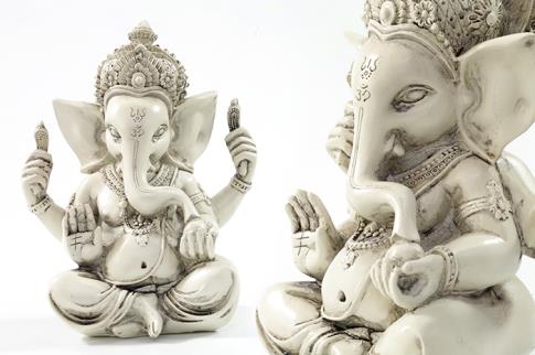 FIGURAS DIOSES, BUDAS Y MONJES | FIGURA GANESHA SENTADA COLOR BLANCO 19X17CM