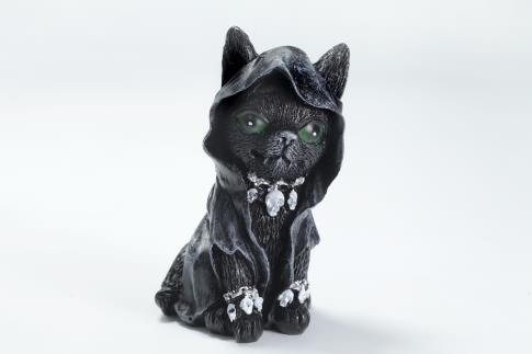 HADAS, BRUJAS Y FANTASA | FIGURA GATITO NEGRO ADORABLE CON CAPUCHA Y COLLAR DE CALAVERAS 10 CM.