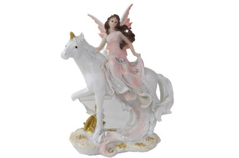 FIGURAS DE HADAS, DUENDES, GNOMOS Y NINFAS | FIGURA HADA COLOR ROSA SOBRE UNICORNIO 19CM